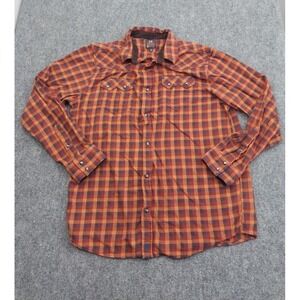 Moonshine Spirit‎ Western Flannel Shirt Large Orange Plaid Sawtooth Pearl Snaps